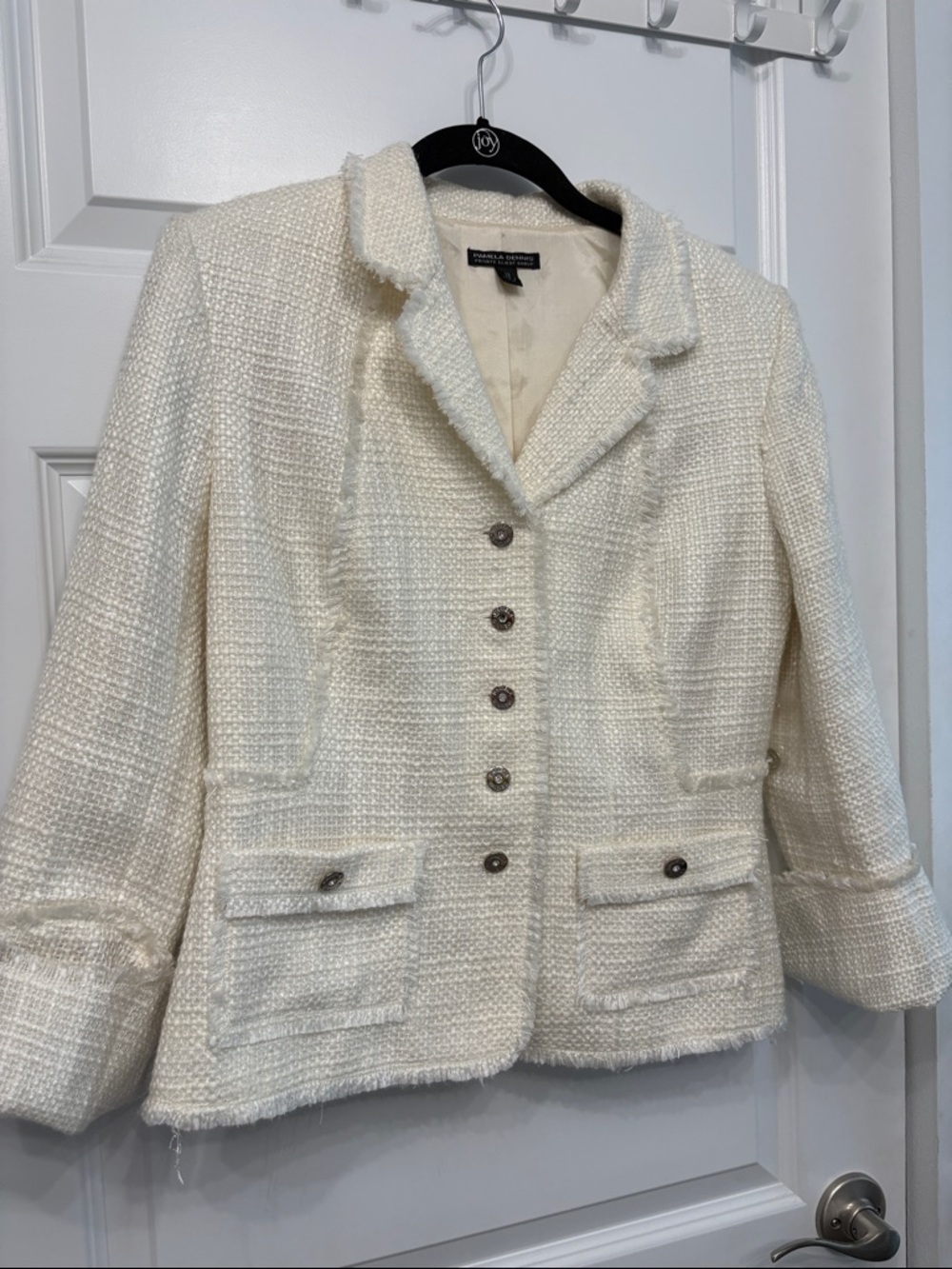 Pamela Dennis Cream Shimmer Button-Front Tweed Style Dressy Blazer